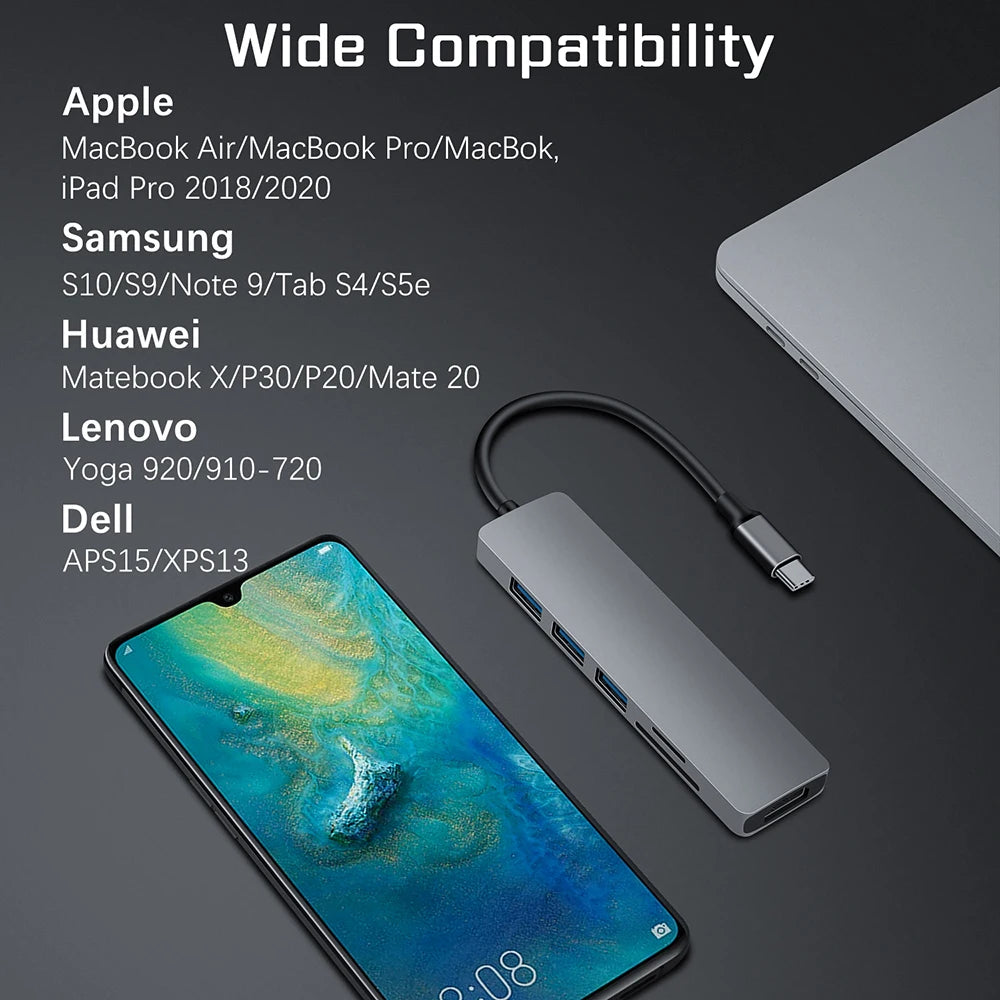 6-IN-1 Aluminum Alloy USB 3.0 Type-C Splitter Docking Station Hub