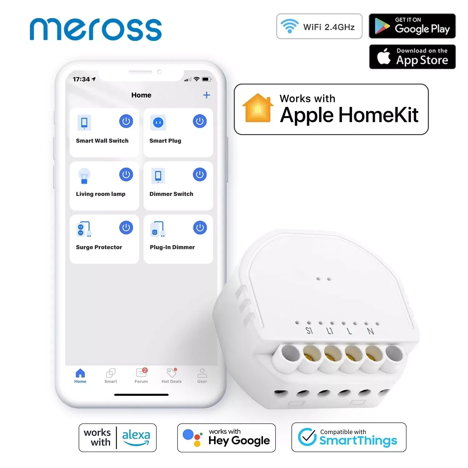Meross 10A Alloy 1 Gang 1 Way HomeKit Wifi Smart Switch Module