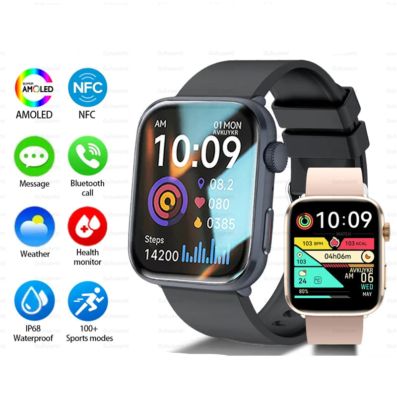 Rubber Waterproof Android Square Shaped Amoled Screen Smartwatch