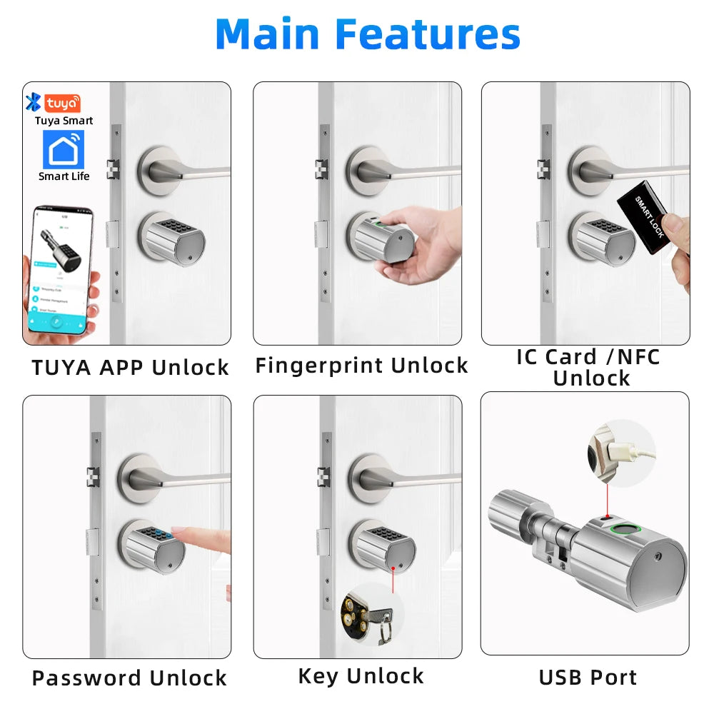 Aluminum Alloy Bluetooth Fingerprint Cylinder Digital Door Lock