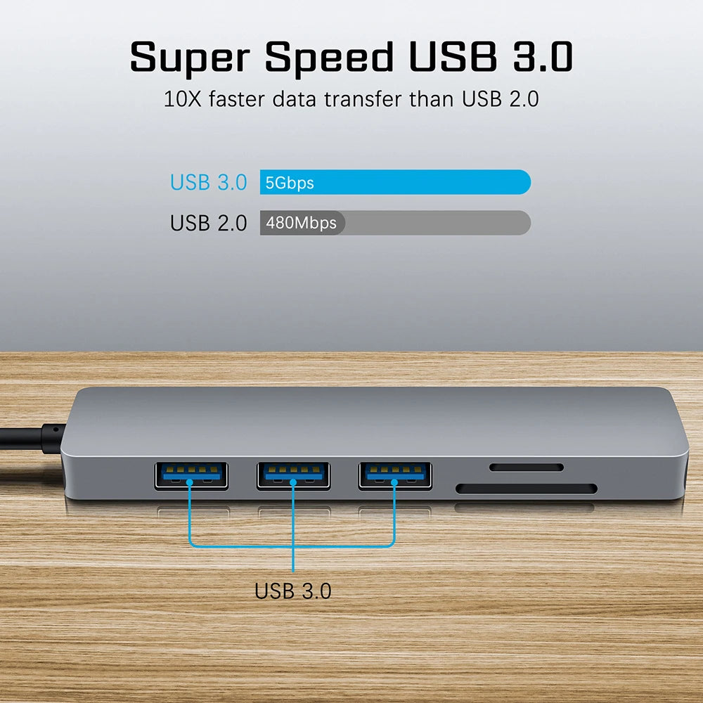 6-IN-1 Aluminum Alloy USB 3.0 Type-C Splitter Docking Station Hub