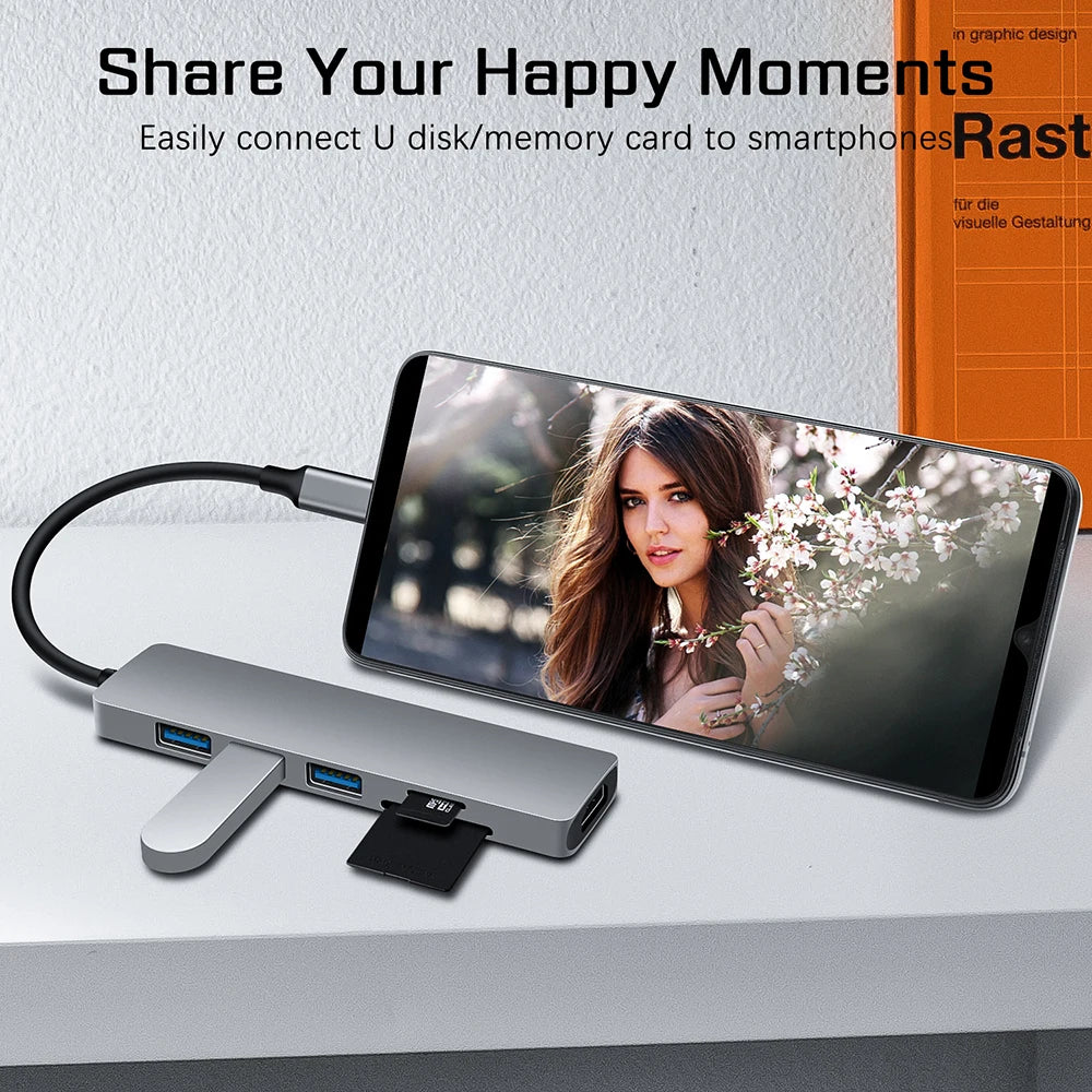 6-IN-1 Aluminum Alloy USB 3.0 Type-C Splitter Docking Station Hub