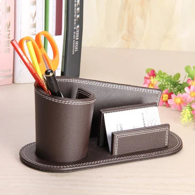 PU Leather Multifunctional Desk Organizer Elegant Card Pen Holder