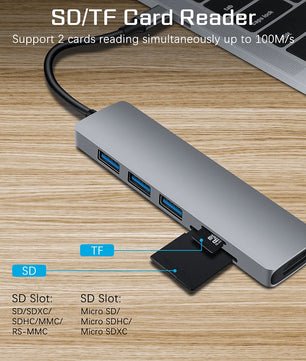 6-IN-1 Aluminum Alloy USB 3.0 Type-C Splitter Docking Station Hub