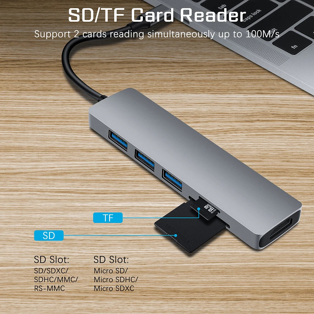 6-IN-1 Aluminum Alloy USB 3.0 Type-C Splitter Docking Station Hub