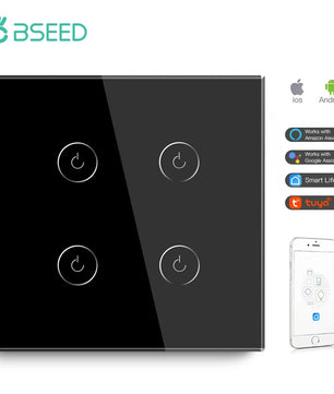 Bseed Alloy 4 Gang Crystal Glass Panel Push Button Light Switch