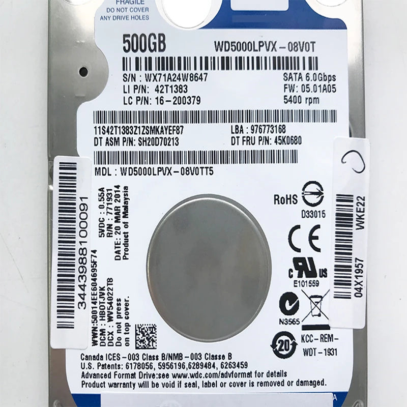 500GB 2.5" SATA 6 Gb/s 8MB 5400RPM Internal HDD For Notebook