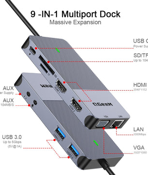 9-IN-1 USB 3.0 Card Reader HDMI USB Splitter Docking Station Hub