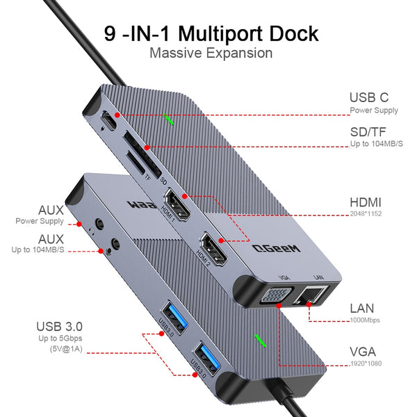 9-IN-1 USB 3.0 Card Reader HDMI USB Splitter Docking Station Hub