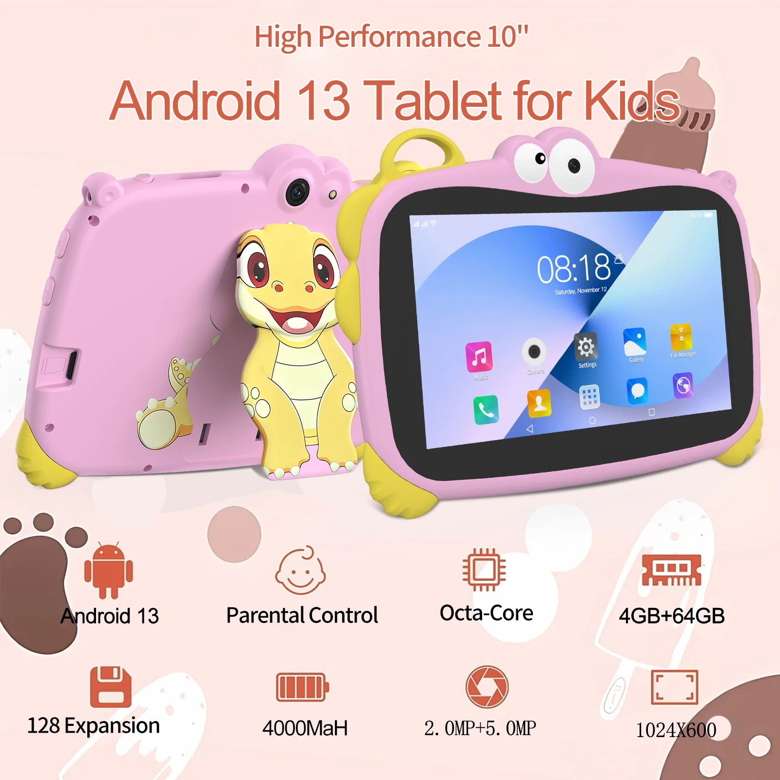 Sauenaneo 7-Inch Android 13 Kids Tablet With Dual Camera Function