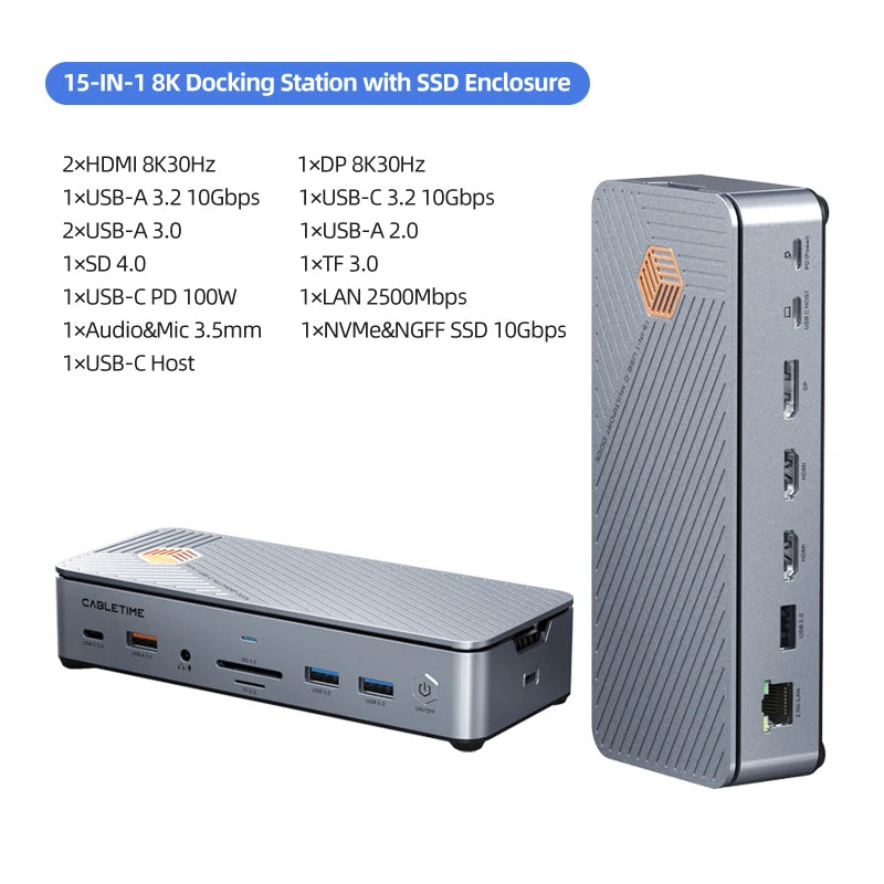 15-IN-1 Aluminum Alloy USB Type-C Splitter Docking Station Hub
