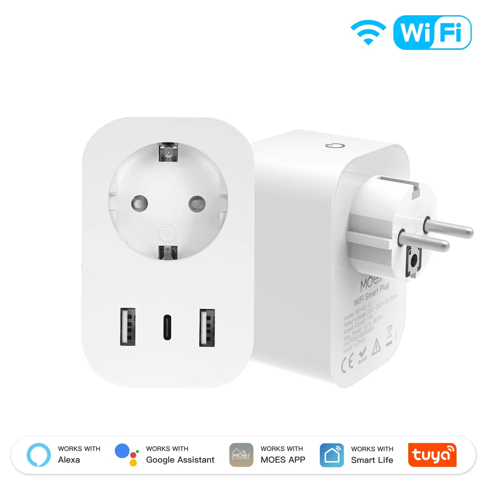 MOES WiFi 16A Plug USB Type-C Power Monitor with Alexa Google Home