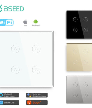 Bseed Alloy 4 Gang Crystal Glass Panel Push Button Light Switch