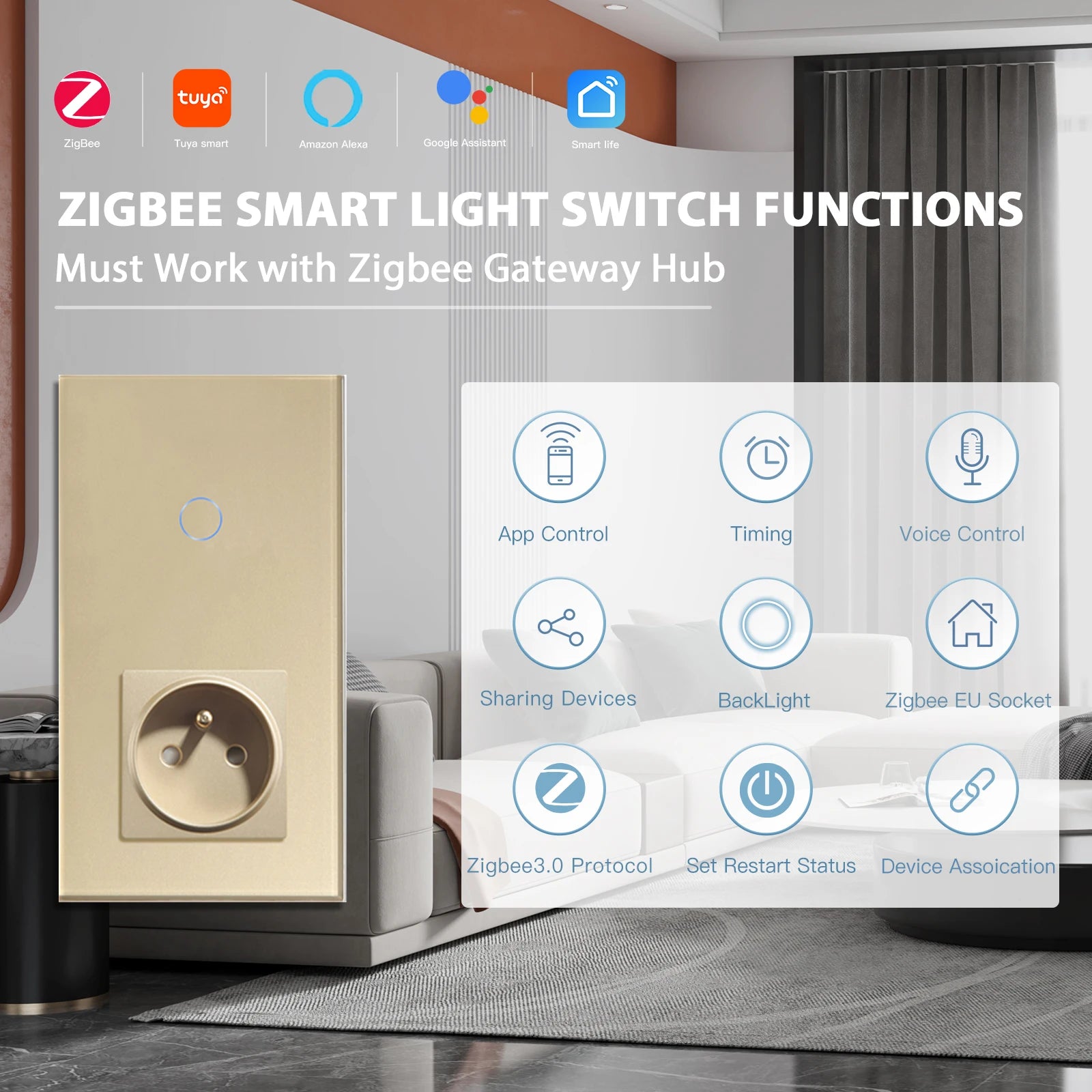 Bseed 10A Alloy 3 Gang Touch Switch With Single Wall Socket