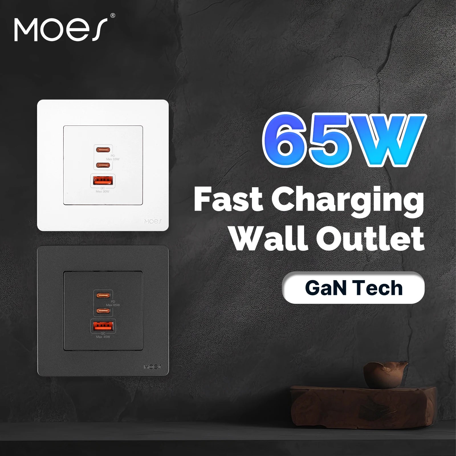 Moes 65W PD3.0 3 Ports Fast Electrical Charger Wall Outlet 