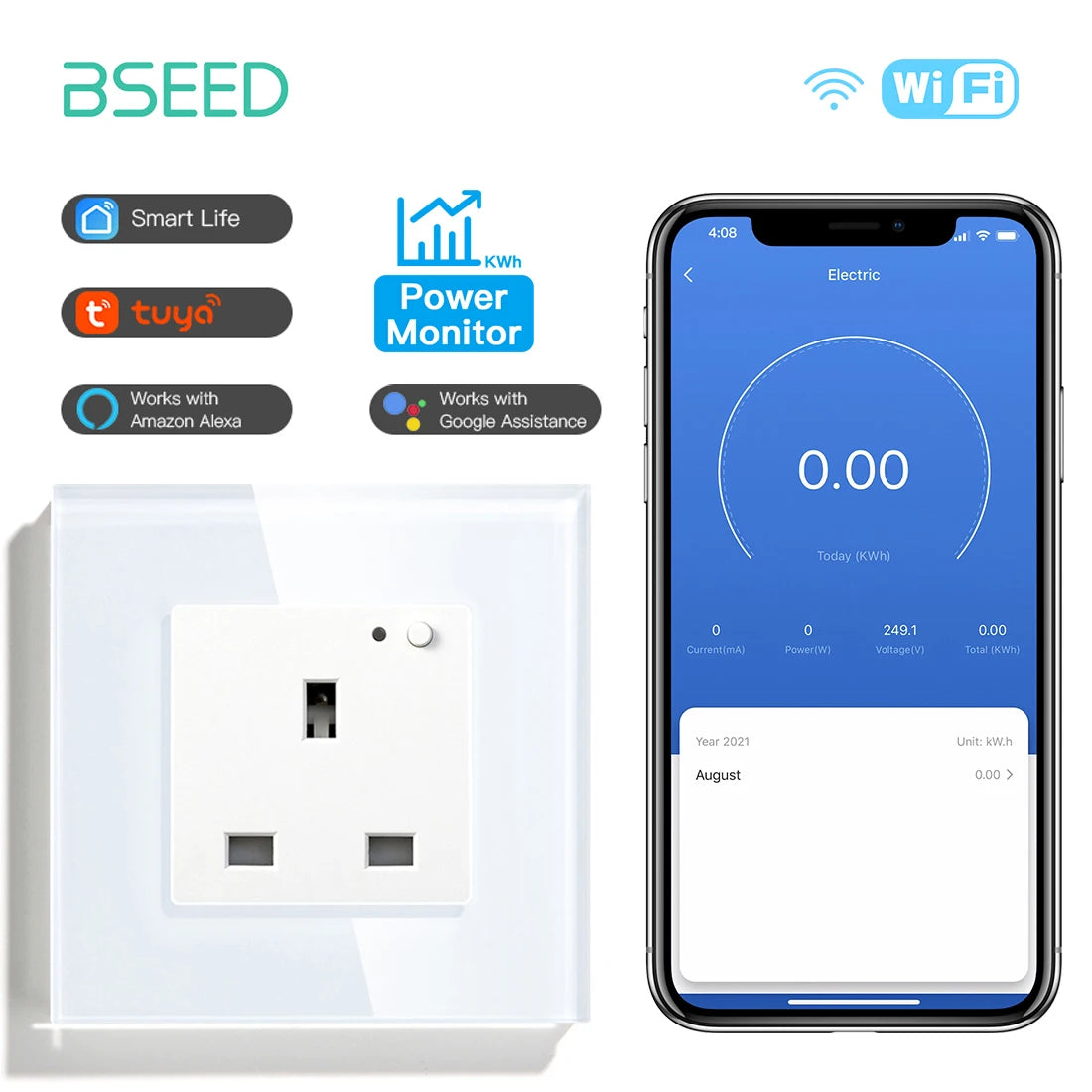 Bseed 13A Glass Panel Wireless WIFI Control Smart Power Socket