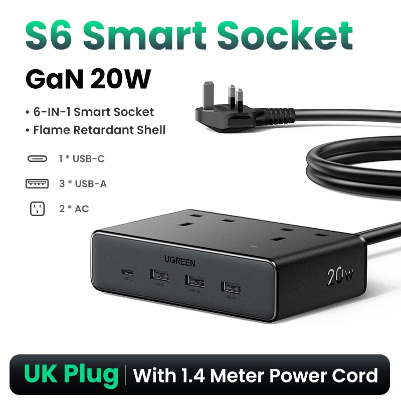 Ugreen 8 IN 1 Power Strip US Plug 4 AC Outlets Fast Charger