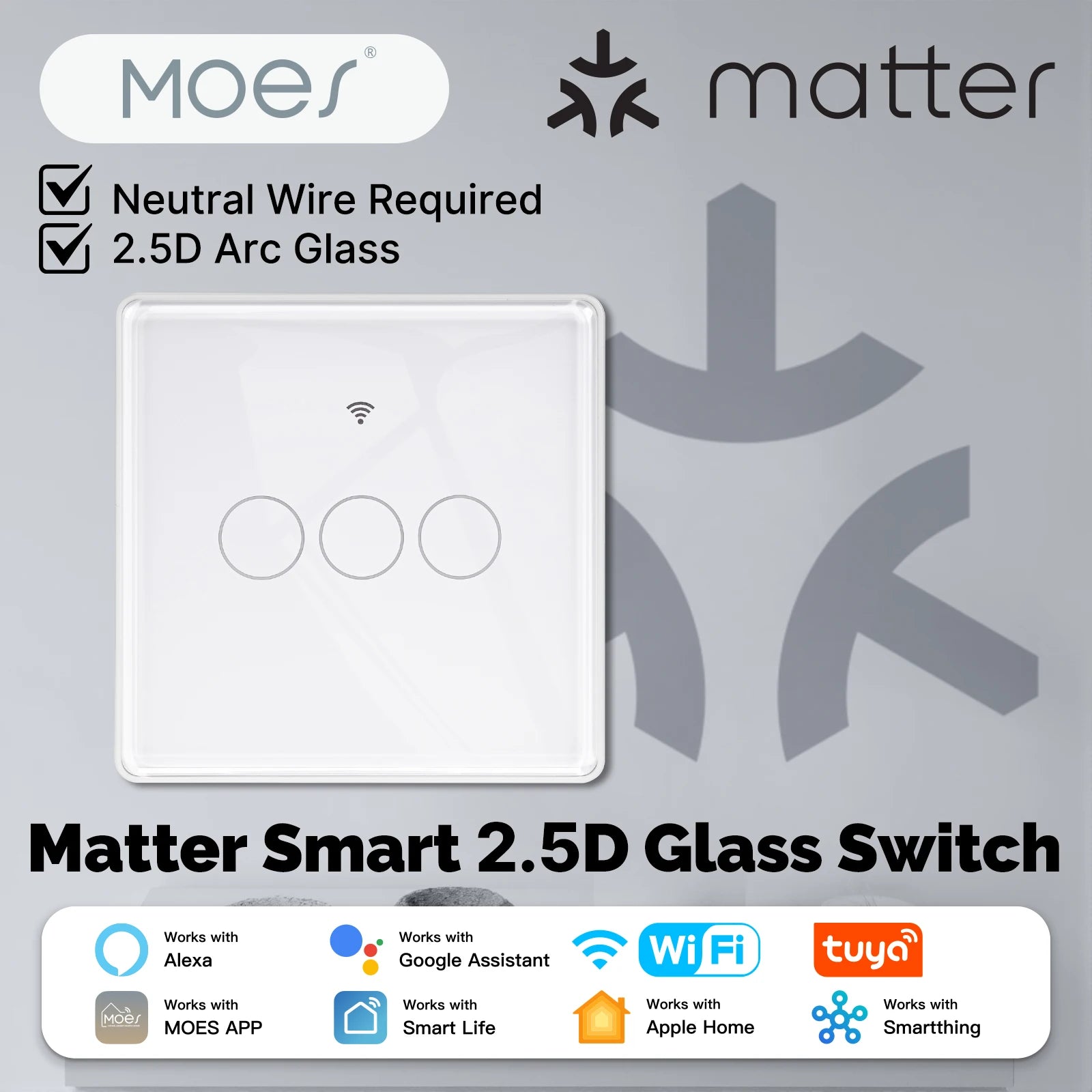 MOES Tuya 2.5D Matter WiFi Smart Light Switch with Neutral Wire