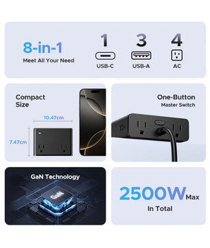 Ugreen 2500W Alloy 8 in 1 Power Strip USB Type-C Fast Charge