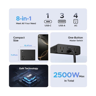 Ugreen 2500W Alloy 8 in 1 Power Strip USB Type-C Fast Charge