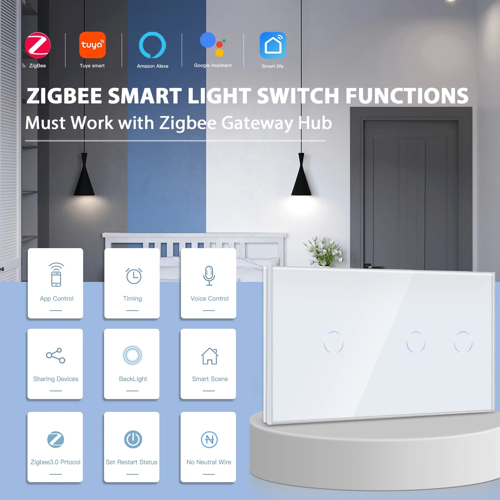Bseed 10A 3 Gang Touch Wifi Smart Voice Control Wall Switch