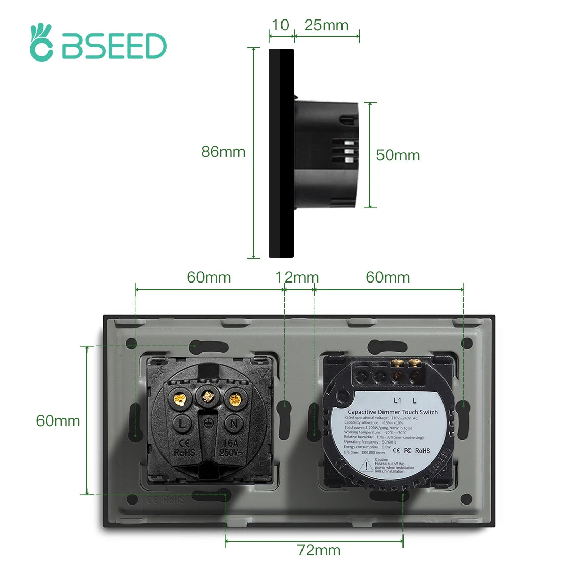 Bseed 10A Aluminium Alloy Touch Light Wall Wireless Socket Switch