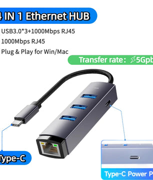 4-IN-1 1000Mbps RJ45 USB 3.0 Ethernet Adapter Type C