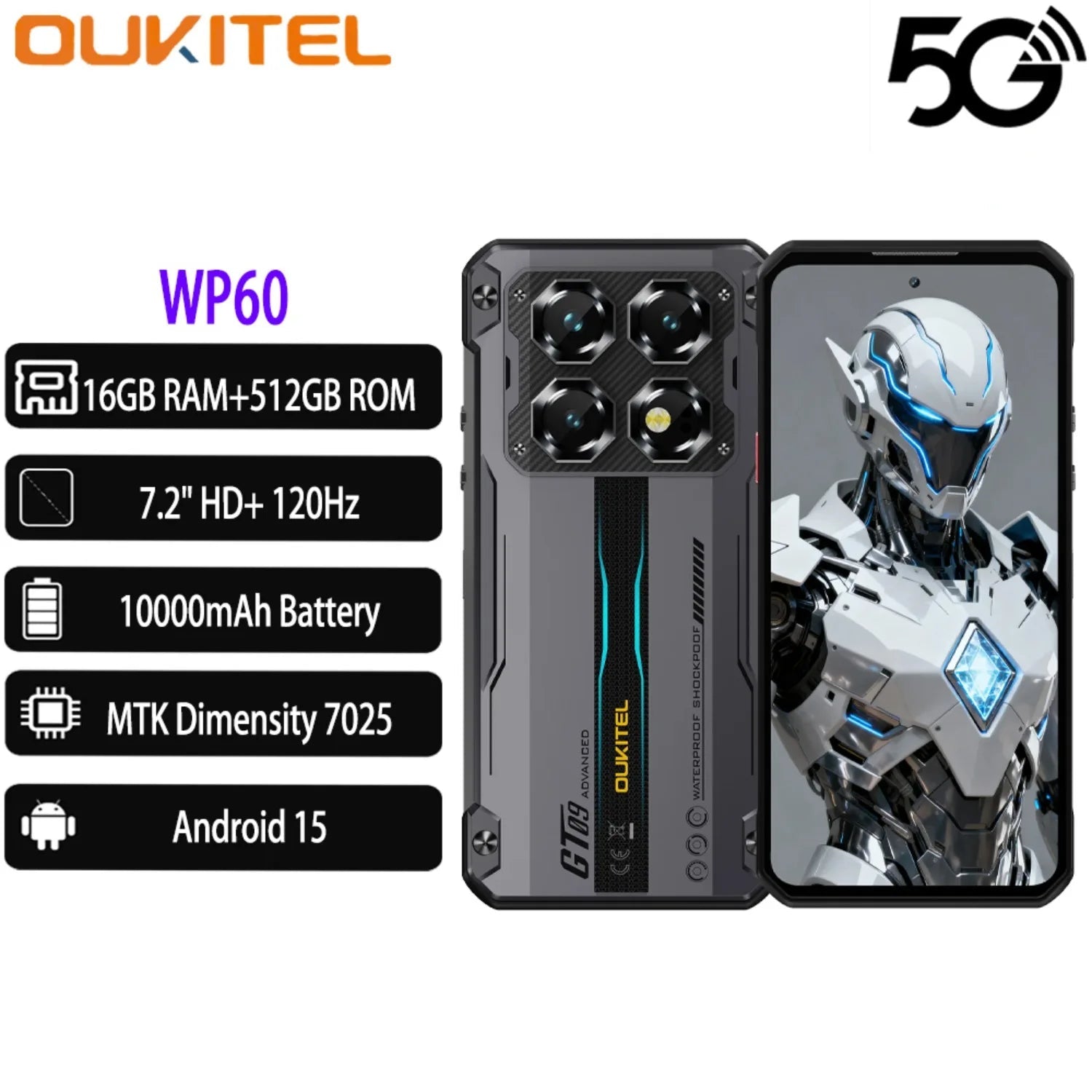 10000mAh 7.2" 512GB Android WP60 5G Rugged Smartphone