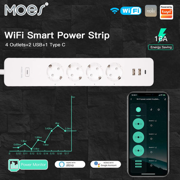 Moes Plastic Panel WIFI USB Voice Control Smart Power Socket