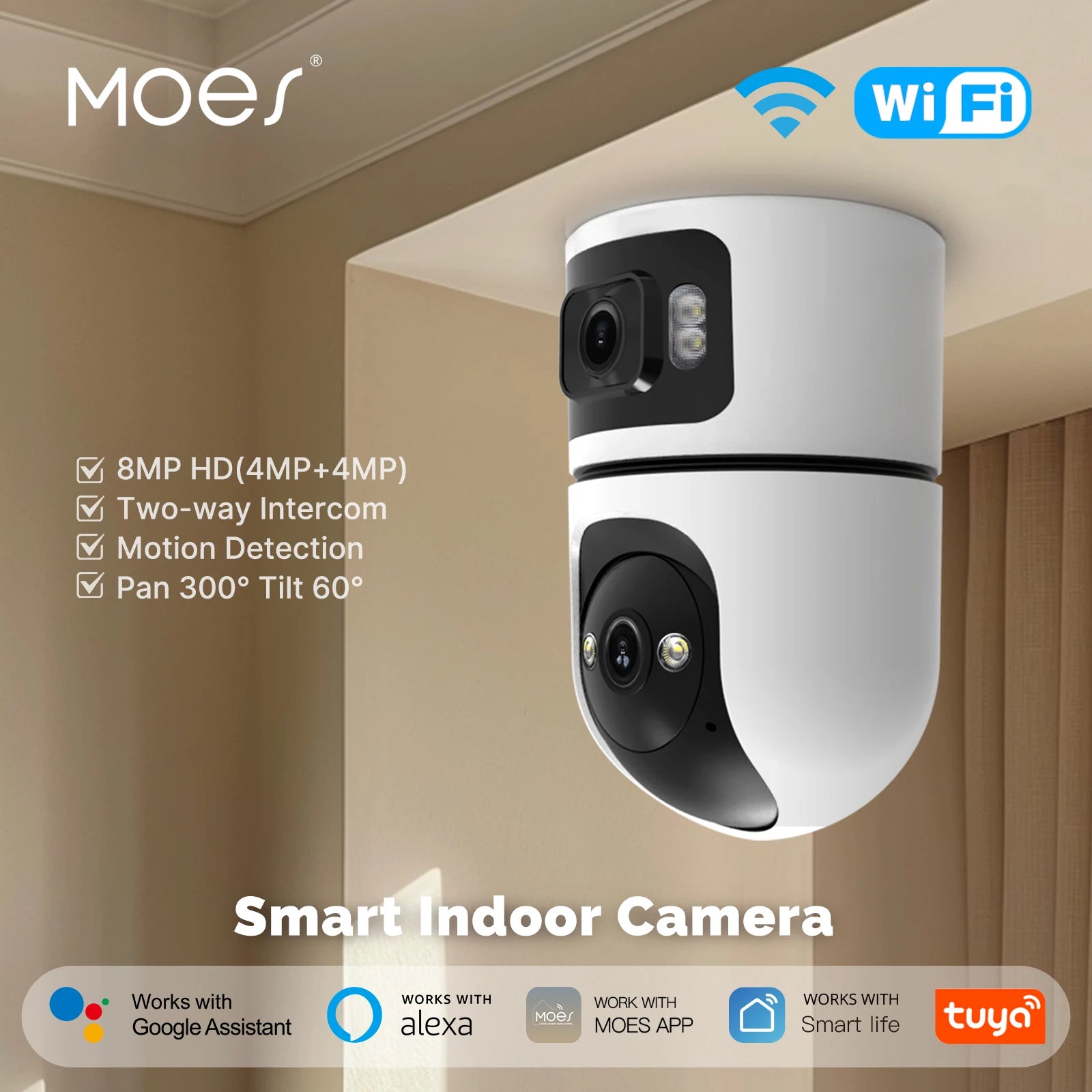 Moes 2.4GHz WiFi Dual Screen Lens Indoor Night Vision Camera