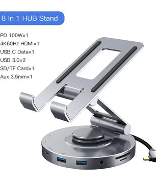 PD 100W Aluminum USB 3.0 8-IN-1 360 Rotating Stand Hub