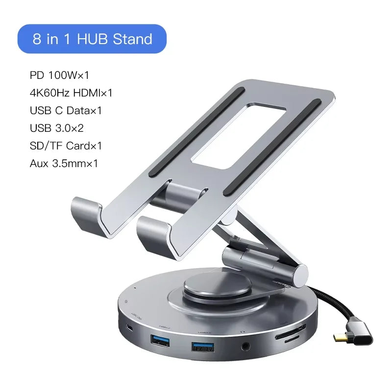 PD 100W Aluminum USB 3.0 8-IN-1 360 Rotating Stand Hub