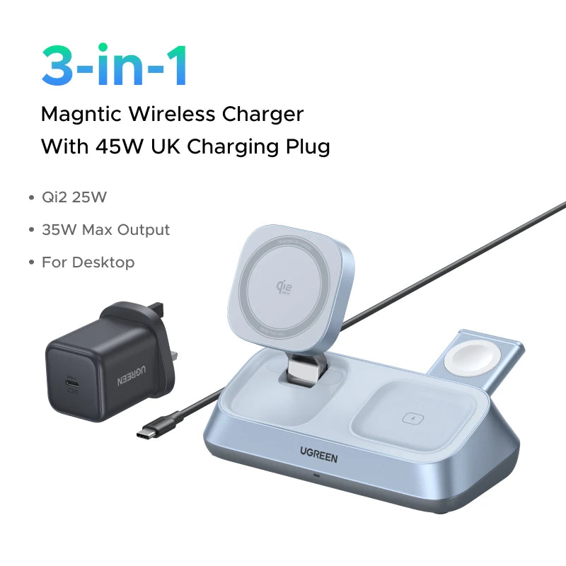 Ugreen 3- IN-1 Qi2 25W MAX Magnetic Wireless Charger For iPhone