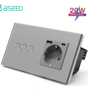 Bseed 10A Alloy 3 Gang Touch Switch With Single Wall Socket