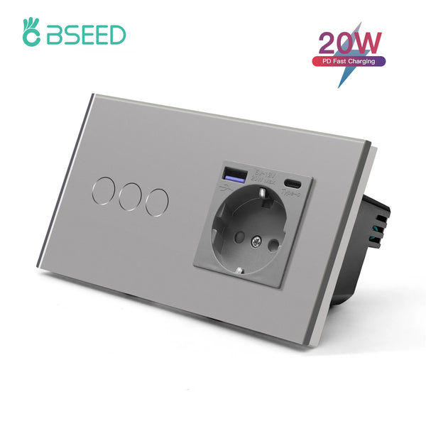 Bseed 10A Alloy 3 Gang Touch Switch With Single Wall Socket