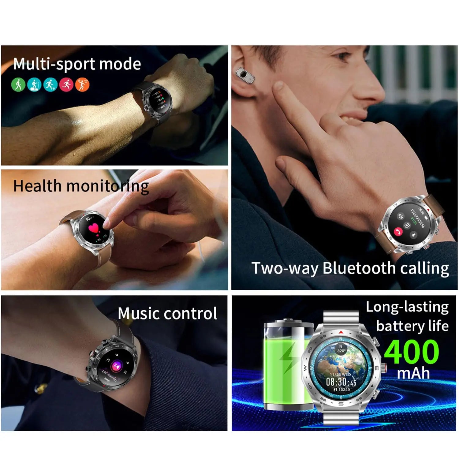 2-In-1 Waterproof Alloy AMOLED Display Smartwatch With Earphones