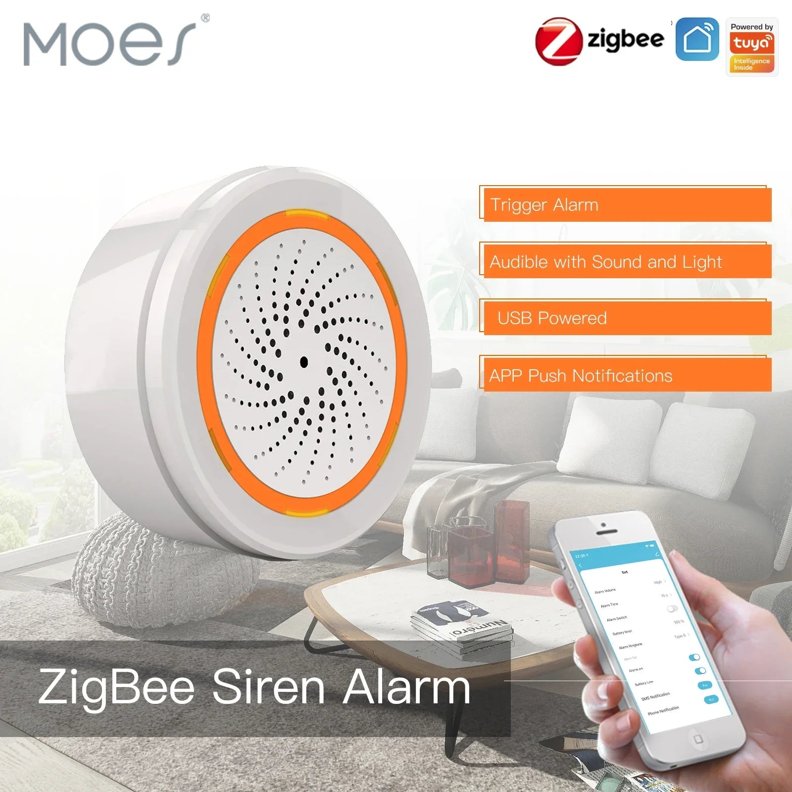 Moes 2.4GHz Plastic Smart Home Security Sound Light Siren Sensor