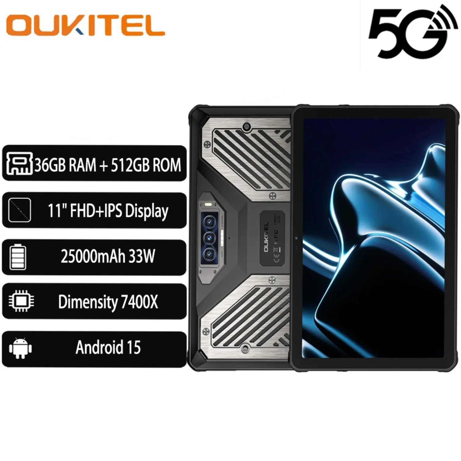 7500mAh 12GB 33W 11 Inch FHD RT10 5G Rugged Tablet with Stand