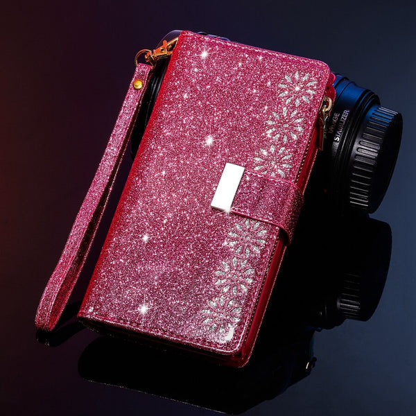 Leather Protective Shockproof Glitter Wallet Case For Samsung Phones