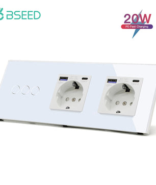 Bseed 10A Alloy 3 Gang Touch Switch With Double Wall Socket