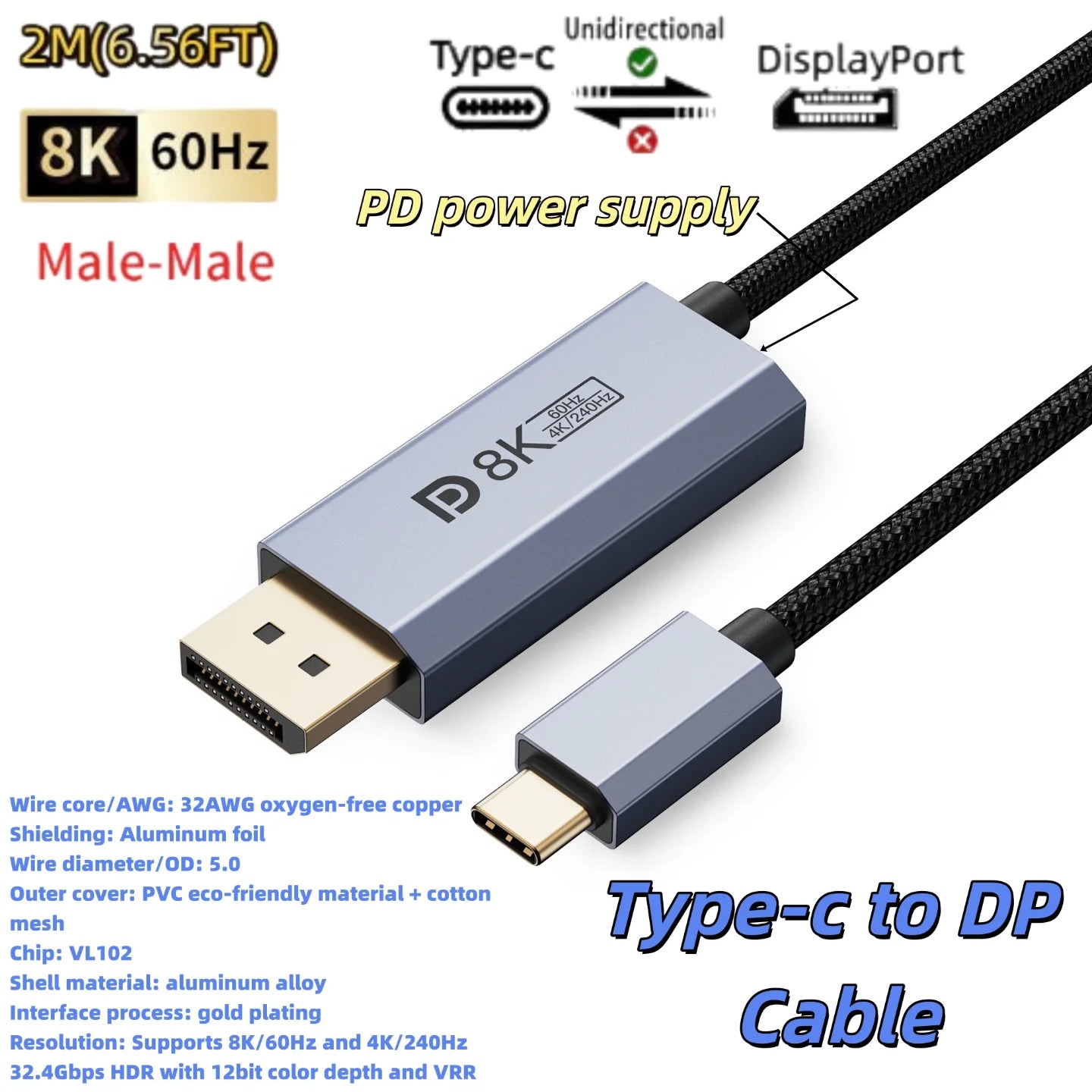 Aluminium 6mm 240Hz Display Port Extension Cable For MacBook