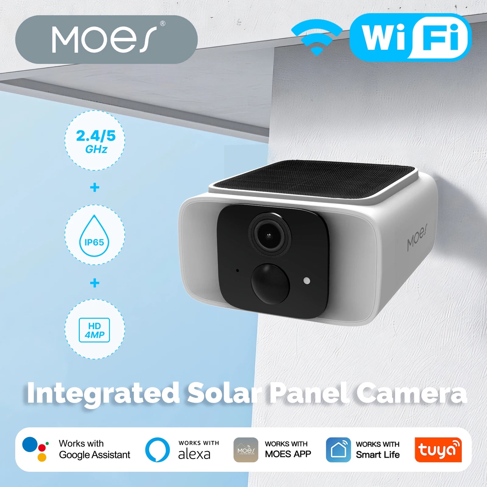 MOES 2.4GHz Smart WiFi Solar Panel Camera with Alexa Google Home