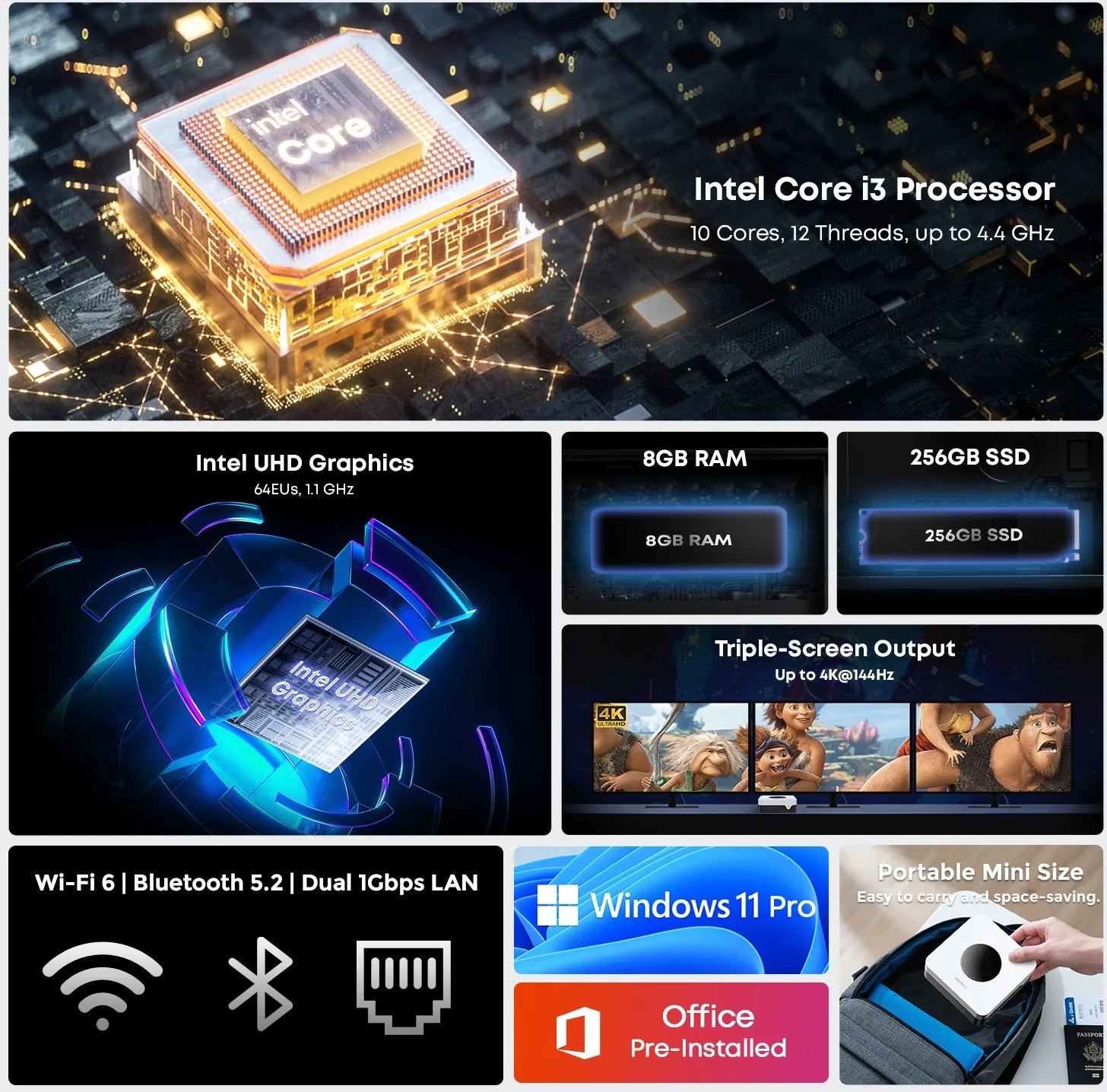 CHUWI 8GB RAM 256GB SSD Intel i3-1220P Desktop Computer