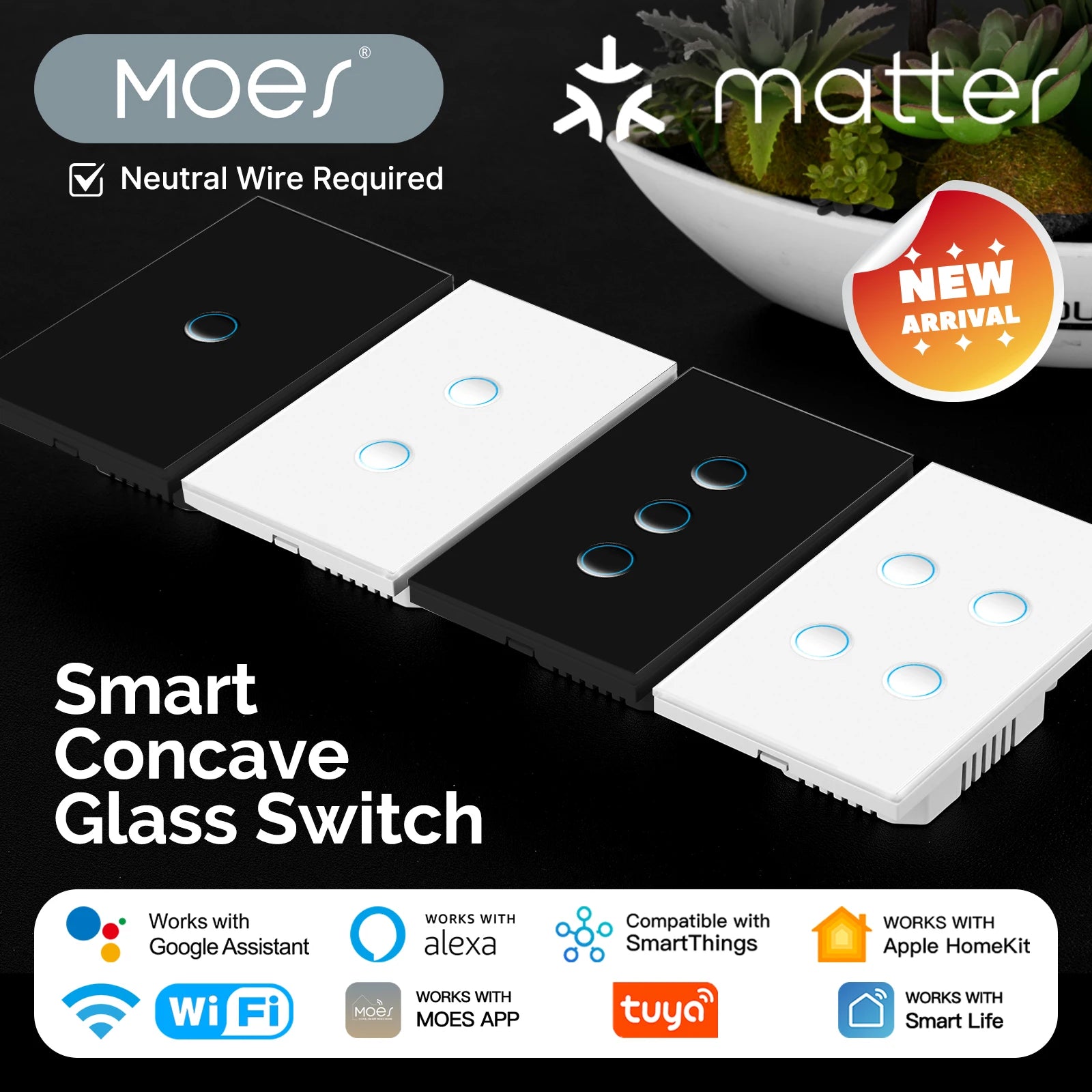 Moes Tuya WiFi Concave Glass Smart Switch with Alexa Google