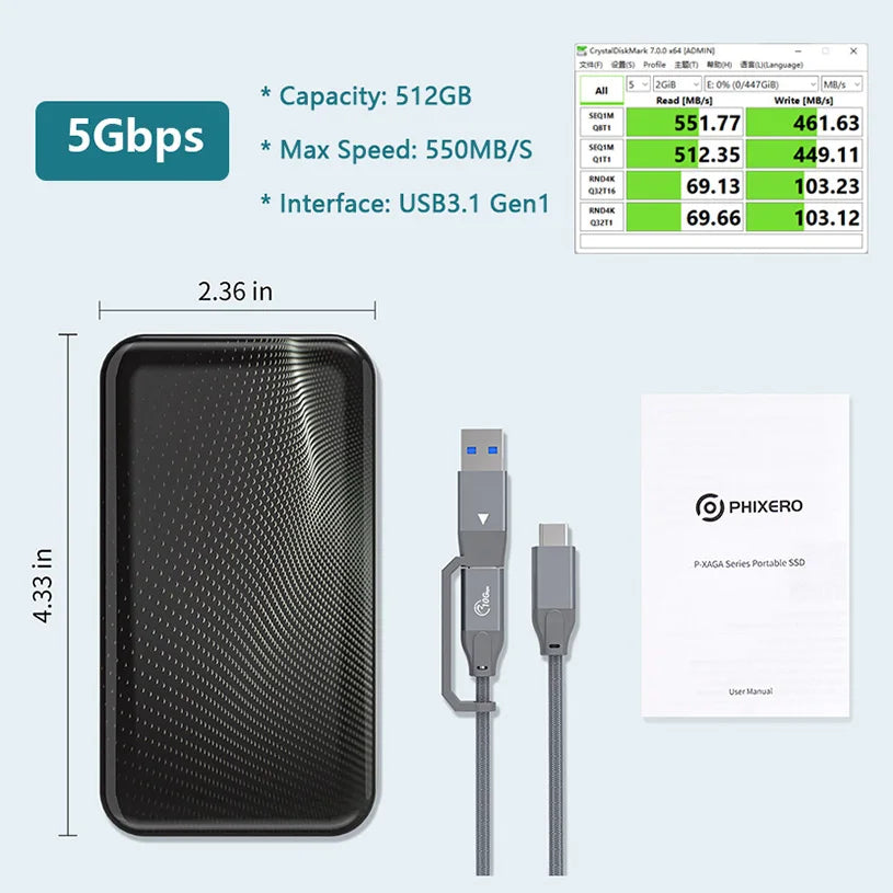 Aluminum Alloy 20Gbps 1TB 2TB External Solid State Drive For Desktop