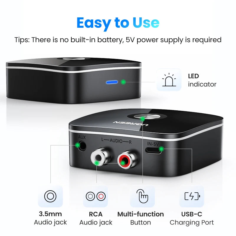 Ugreen Bluetooth RCA Receiver 5.1 AptX HD Aux Adapter