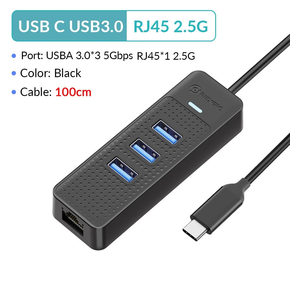 1000Mbps Ethernet Type-C USB 3.0 Hub With RJ45 USB Splitter