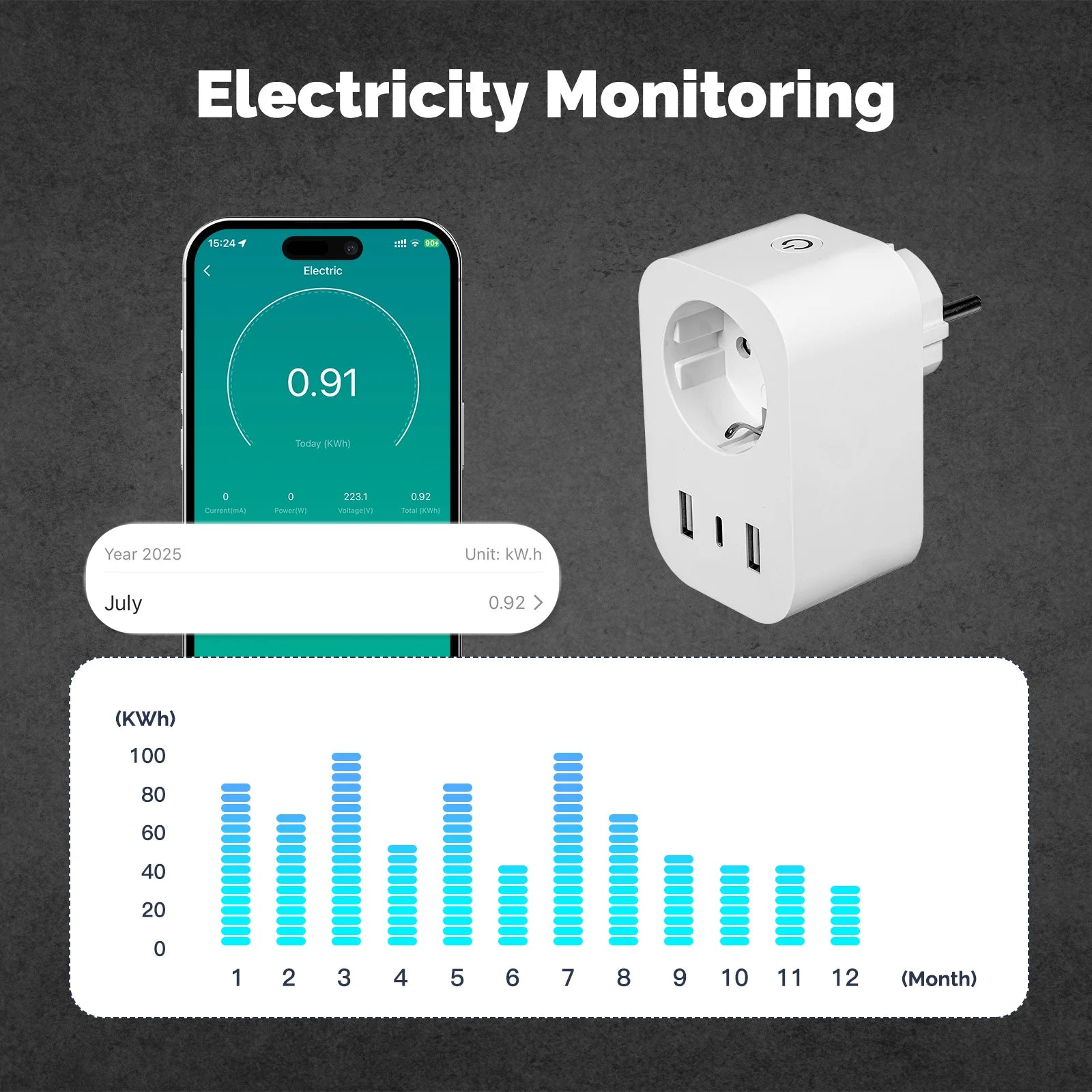 MOES WiFi 16A Plug USB Type-C Power Monitor with Alexa Google Home