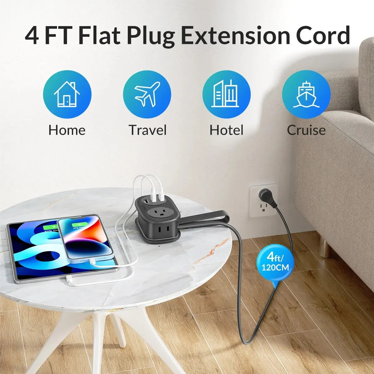 10A High Speed Extension Cord Portable Power Outlet for Travel
