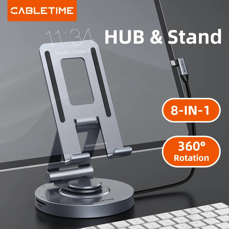 PD 100W Aluminum USB 3.0 8-IN-1 360 Rotating Stand Hub